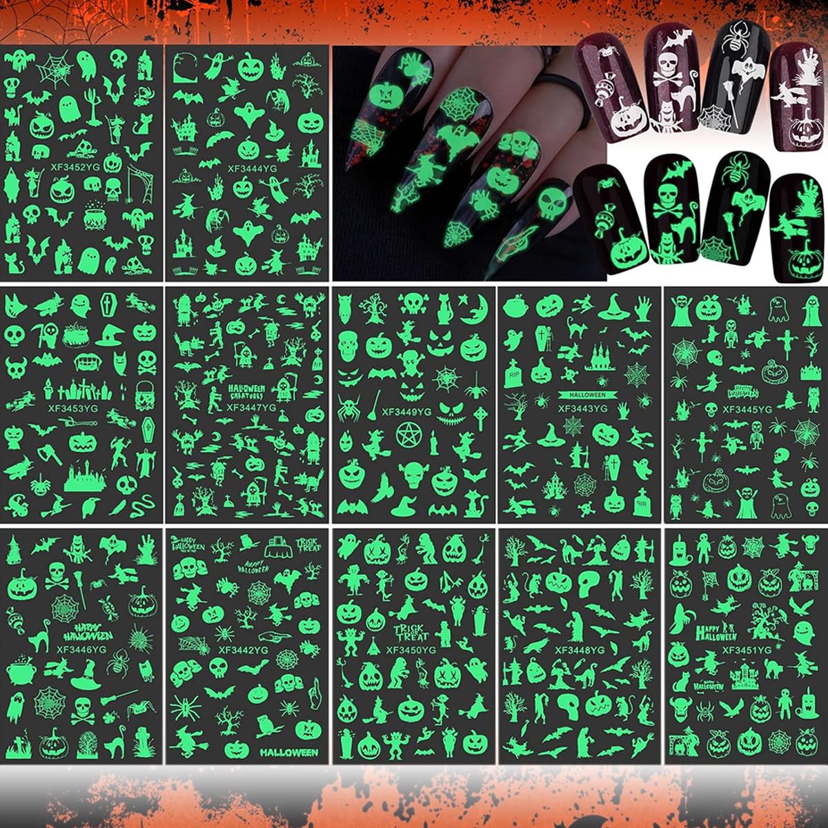 MAYCREATE 12 Sheets Halloween Nail Art Stickers, Luminous Nail Design Glow in The Dark Nail Decals, 3D Self-Adhesive Luminous Spooky Spider Web Skull Pumpkin Nail Art Design for Women Girls MAYCREATE 12 Sheets Halloween Nail Art Stickers, Luminous Nail Design Glow in The Dark Nail Decals, 3D Self-Adhesive Luminous Spooky Spider Web Skull Pumpkin Nail Art Design for Women Girls
